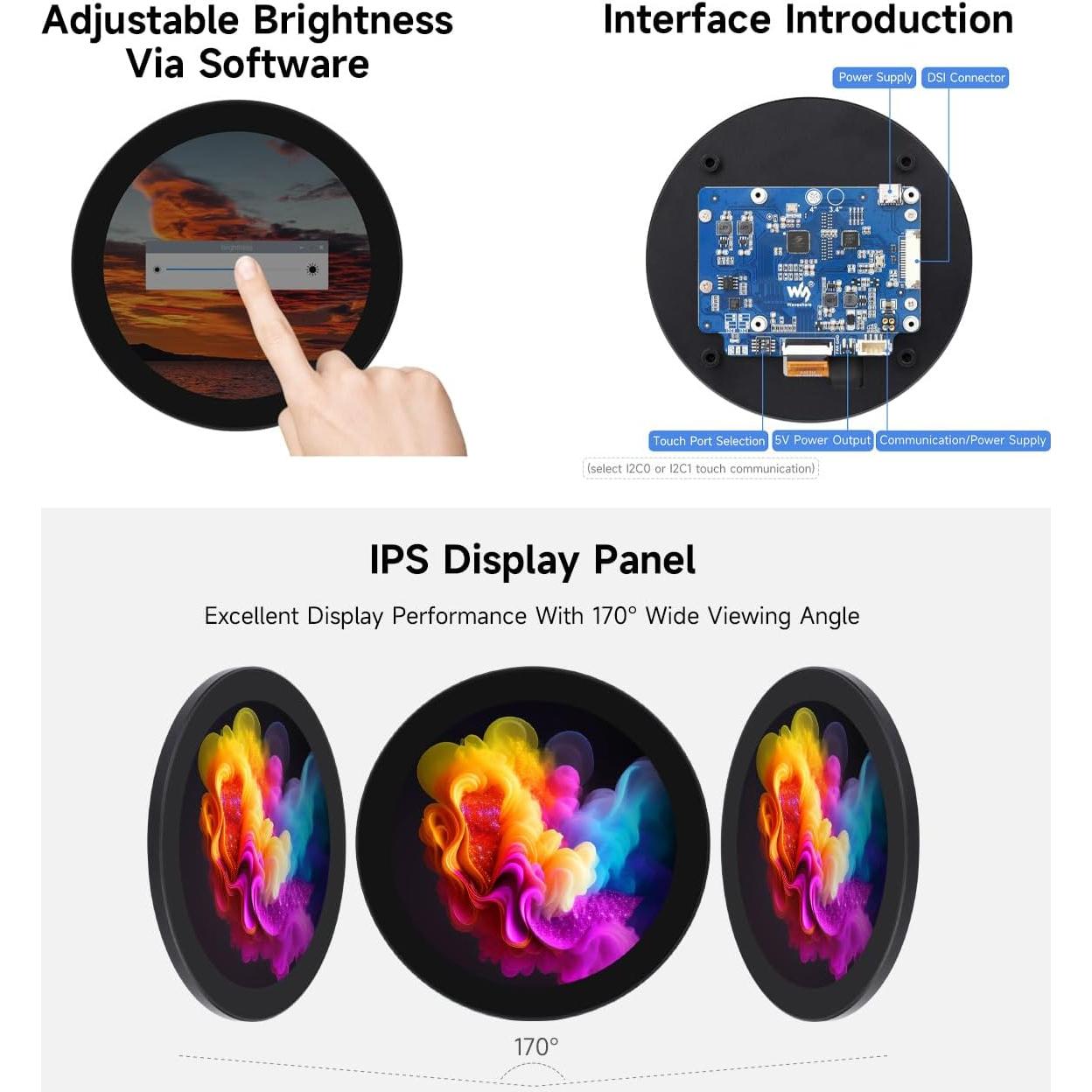 Pantalla táctil redonda Waveshare 10.16 cm 720x720 IPS