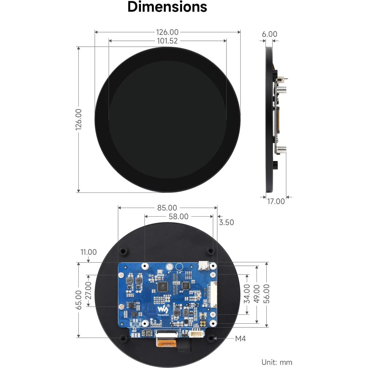 Pantalla táctil redonda Waveshare 10.16 cm 720x720 IPS