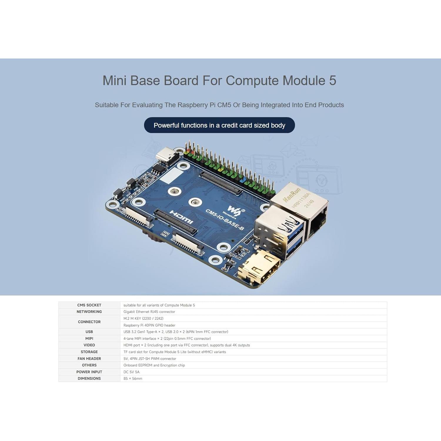 Placa Base Mini IO Waveshare para Raspberry Pi CM5 Lite