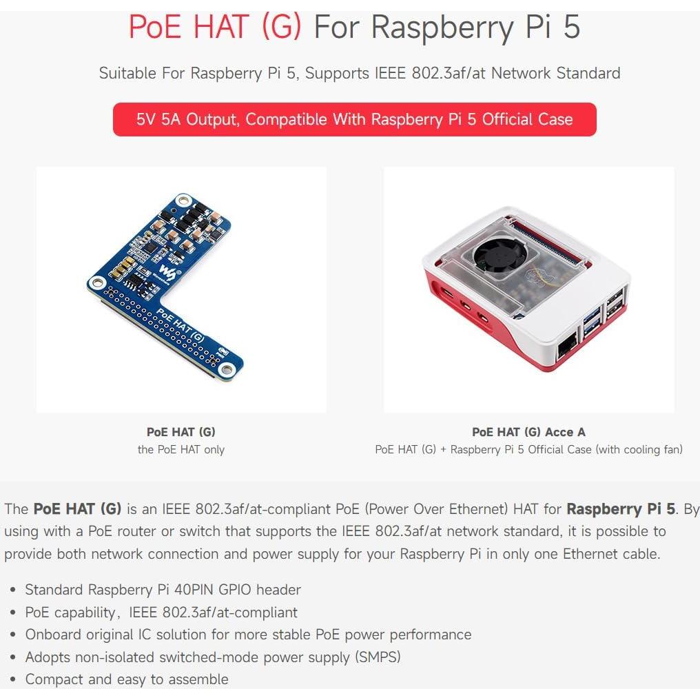 Waveshare PoE HAT (G) para Raspberry Pi 5, 5V 5A, 2PCS