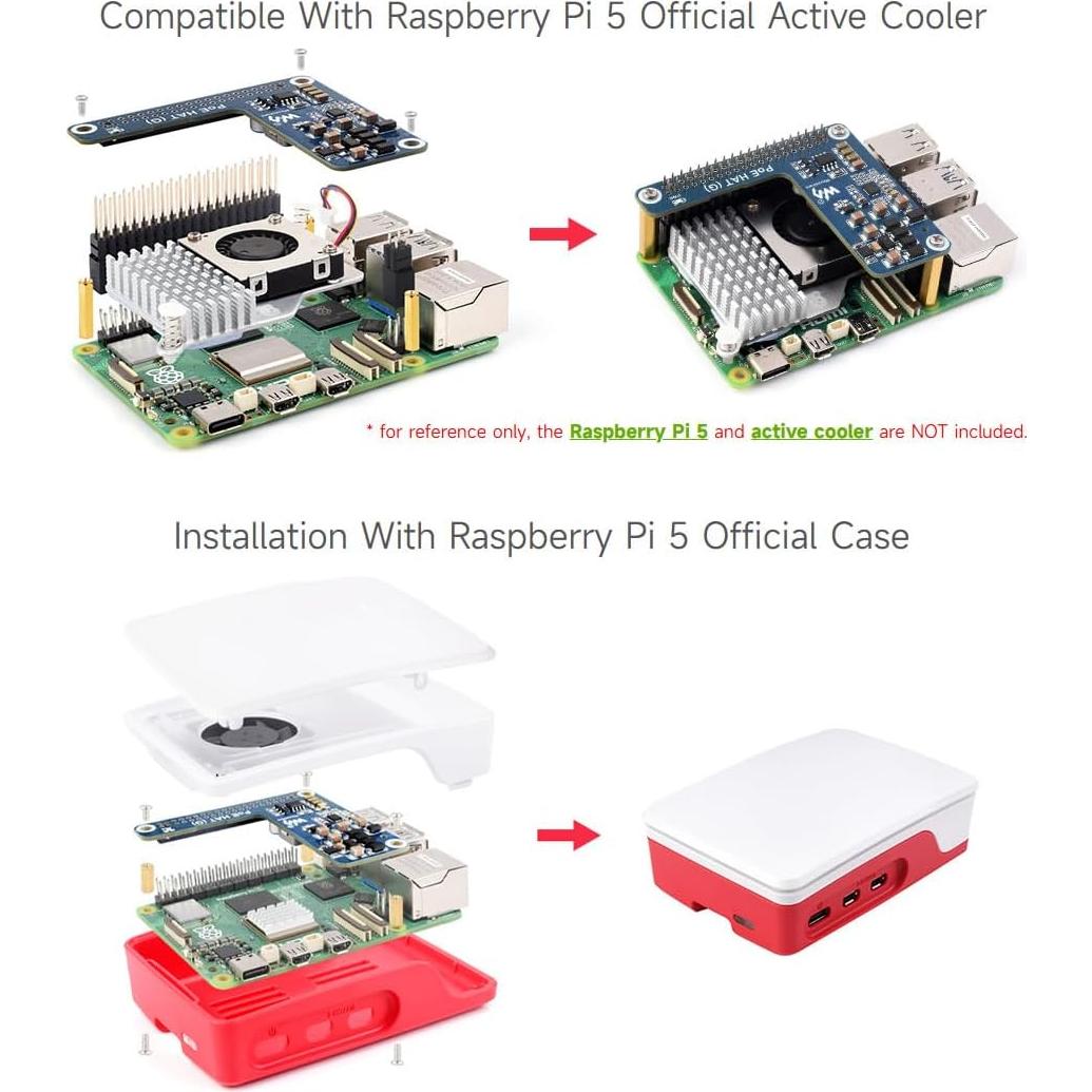 Waveshare PoE HAT (G) para Raspberry Pi 5, 5V 5A, 2PCS