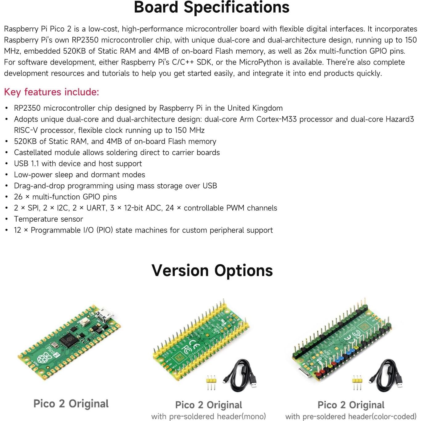 Kit Básico Waveshare Raspberry Pi Pico 2, 16 Artículos