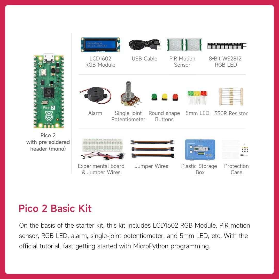 Kit Básico Waveshare Raspberry Pi Pico 2, 16 Artículos