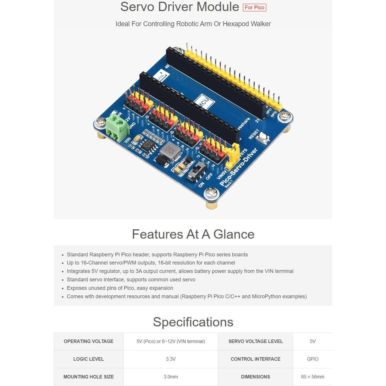 Waveshare Servo Driver Module for Raspberry Pi Pico Ideal for Controlling Robotic Arm or Hexapod Walker 16-Channel Outputs 16-Bit Resolution