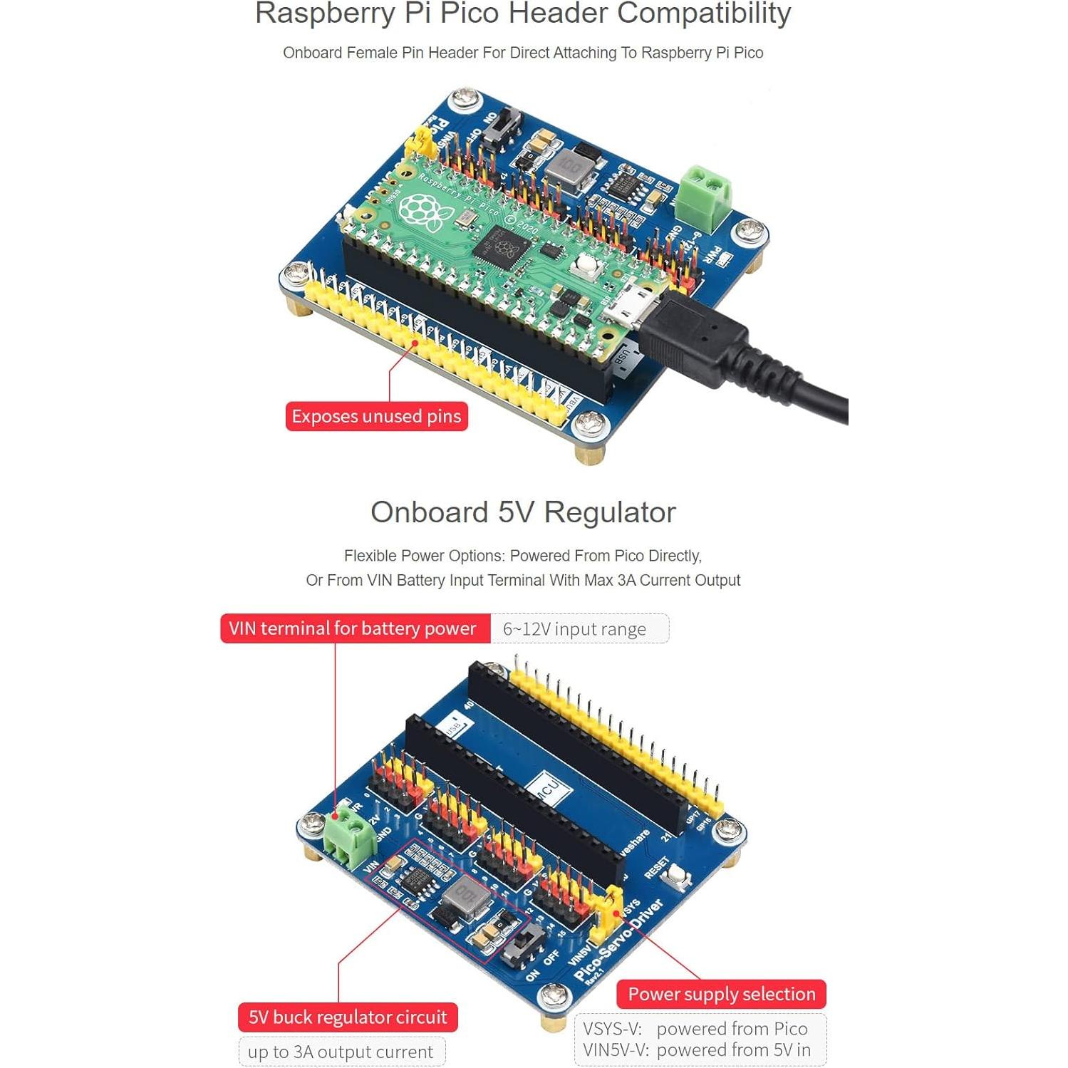 Waveshare Servo Driver Module for Raspberry Pi Pico Ideal for Controlling Robotic Arm or Hexapod Walker 16-Channel Outputs 16-Bit Resolution