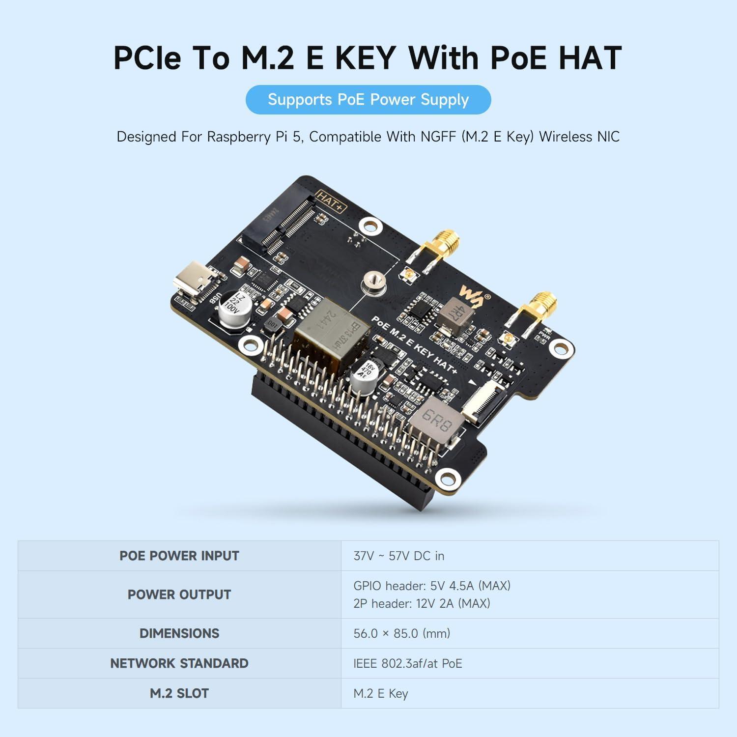 Adaptador PCIe a M.2 E Key Waveshare PoE para Raspberry Pi 5