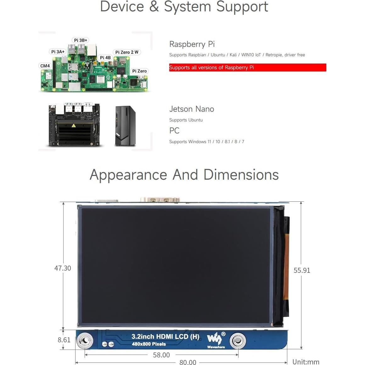 Pantalla LCD HDMI 3.2" Waveshare 480x800 para Raspberry Pi