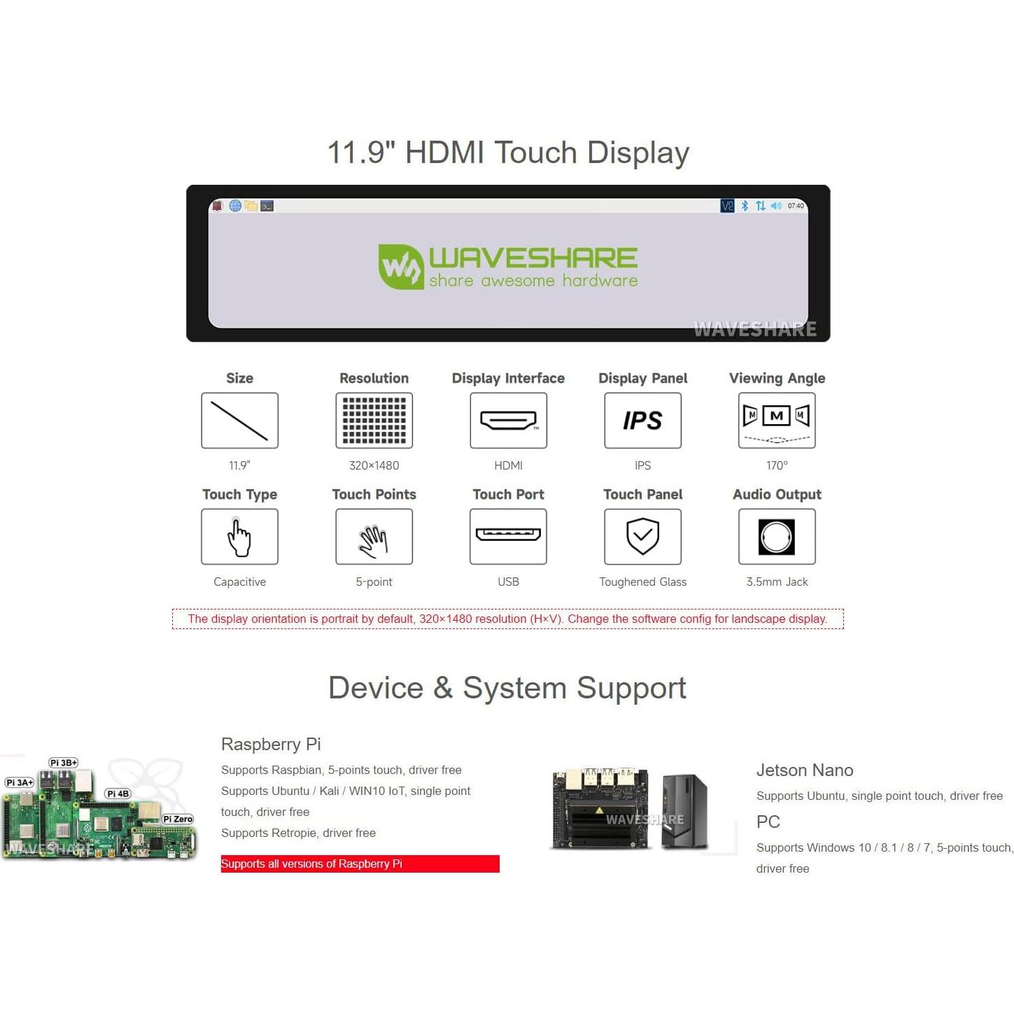 Pantalla LCD Táctil 11.9" Waveshare HDMI 320x1480 IPS
