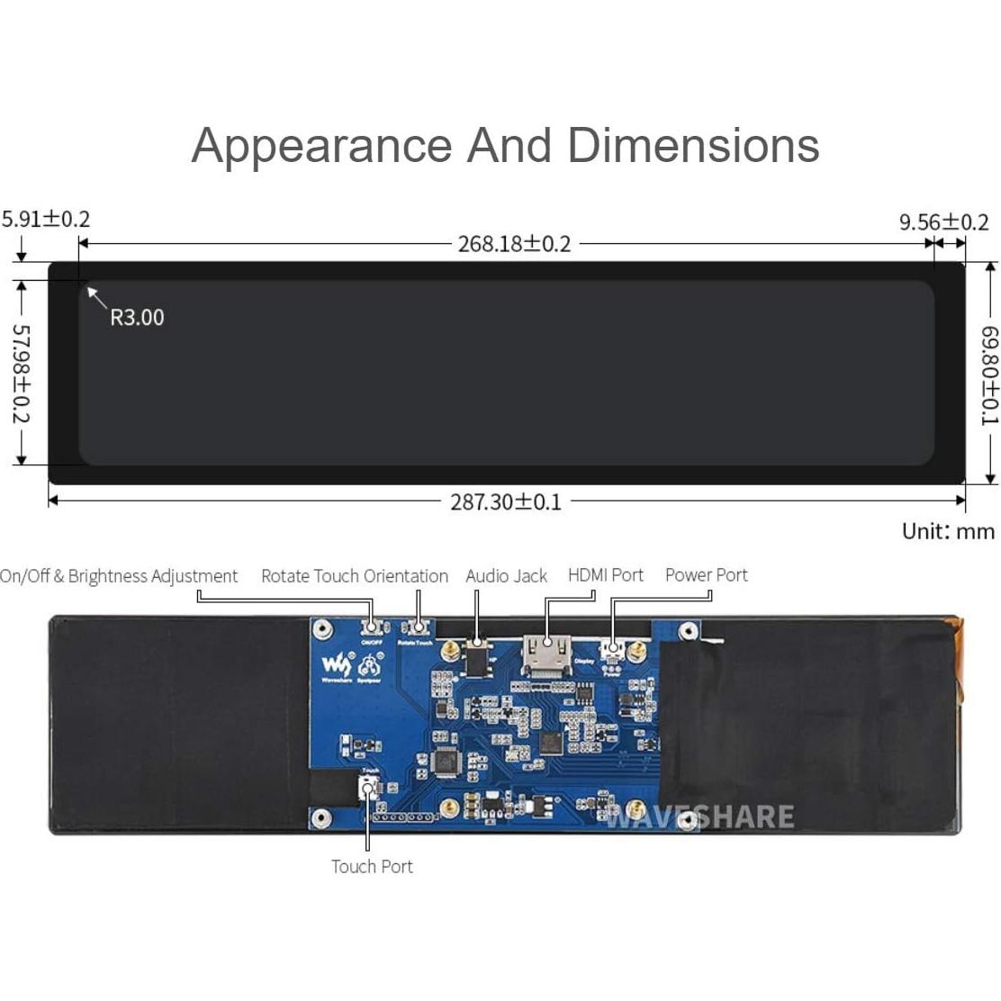 Pantalla LCD Táctil 11.9" Waveshare HDMI 320x1480 IPS