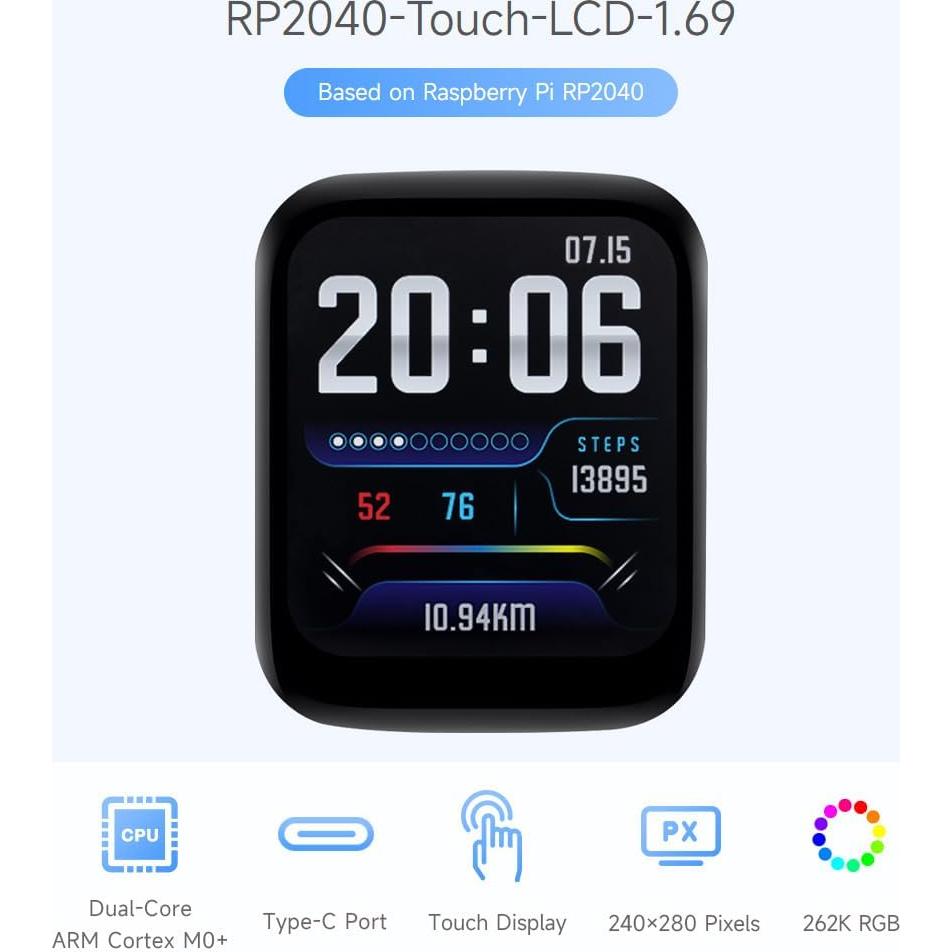 Placa de Desarrollo Waveshare RP2040 con Pantalla Táctil 1.69"