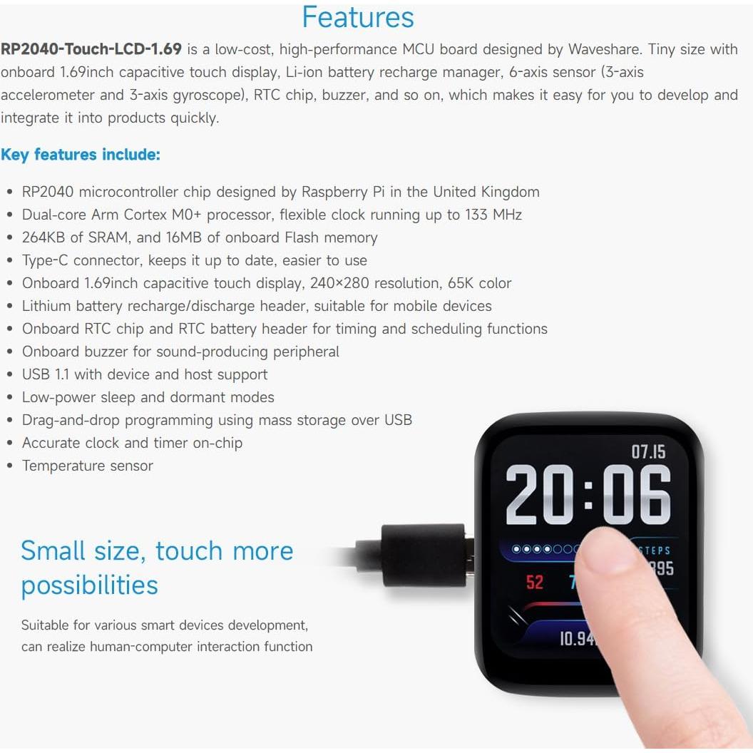 Placa de Desarrollo Waveshare RP2040 con Pantalla Táctil 1.69"