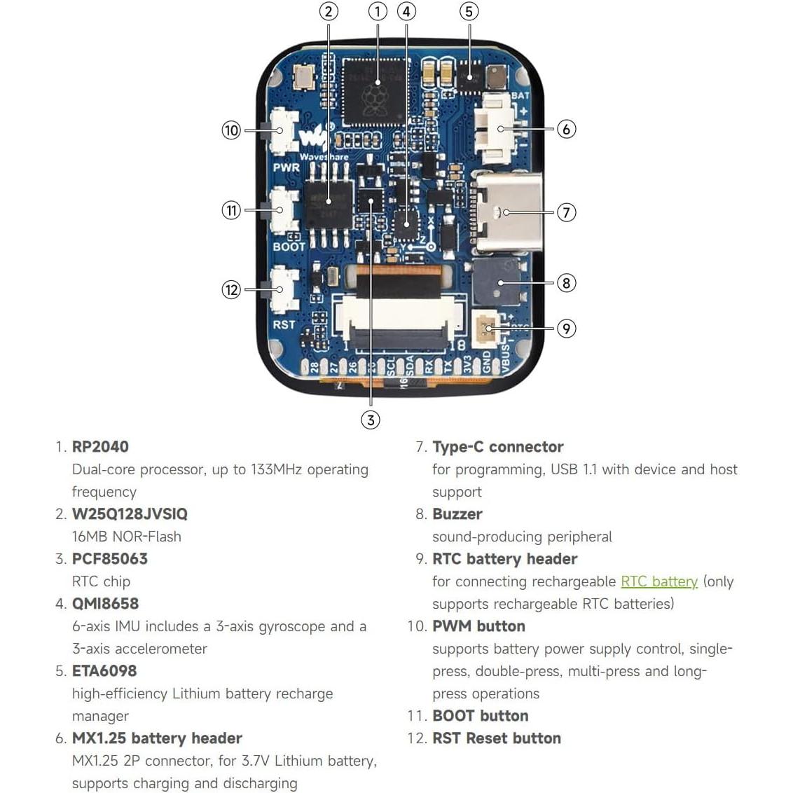 Placa de Desarrollo Waveshare RP2040 con Pantalla Táctil 1.69"