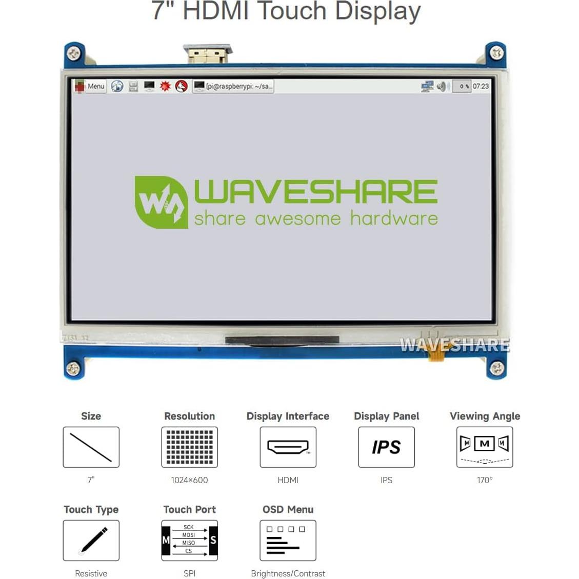 Pantalla LCD táctil 7" Waveshare 1024x600 HDMI Raspberry Pi