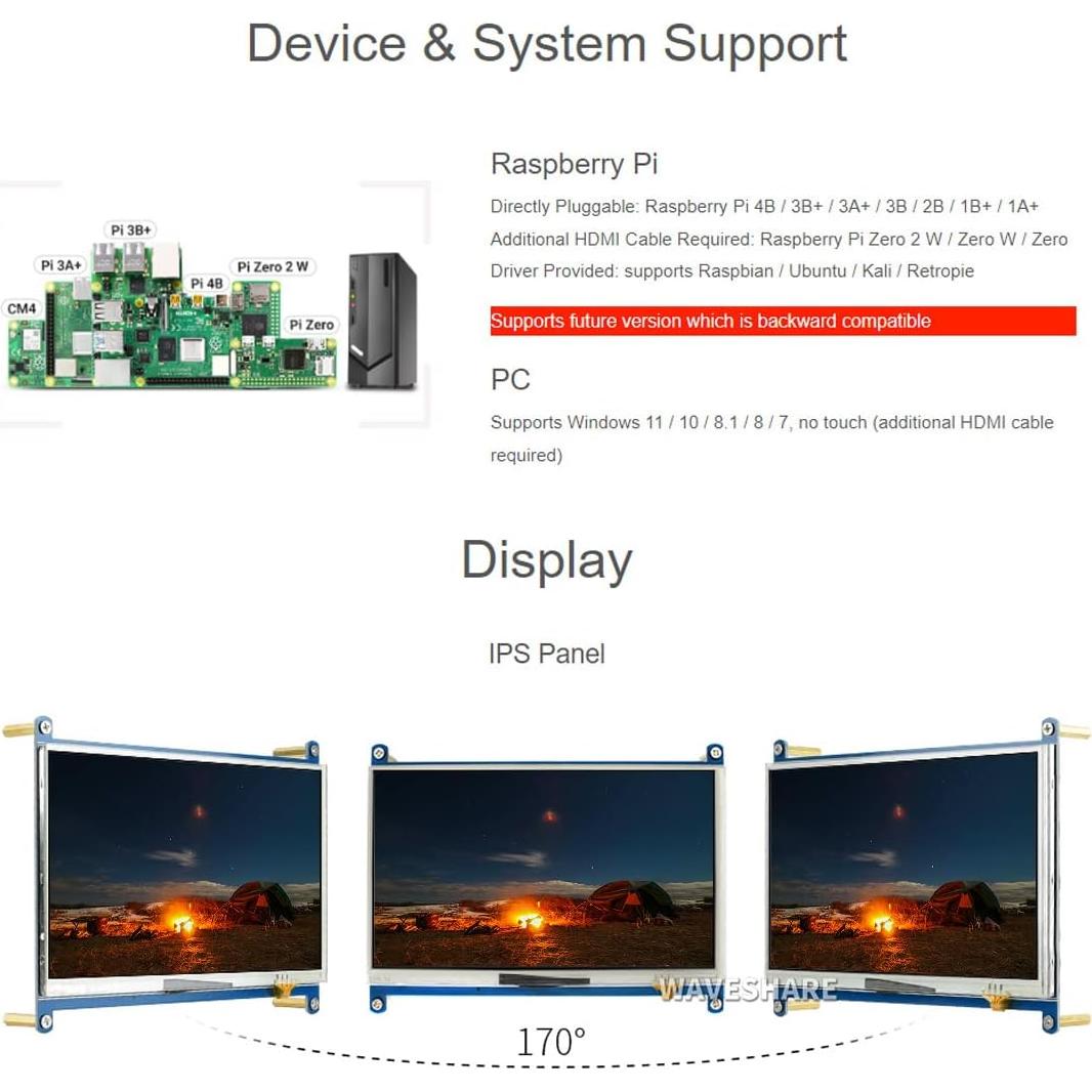 Pantalla LCD táctil 7" Waveshare 1024x600 HDMI Raspberry Pi