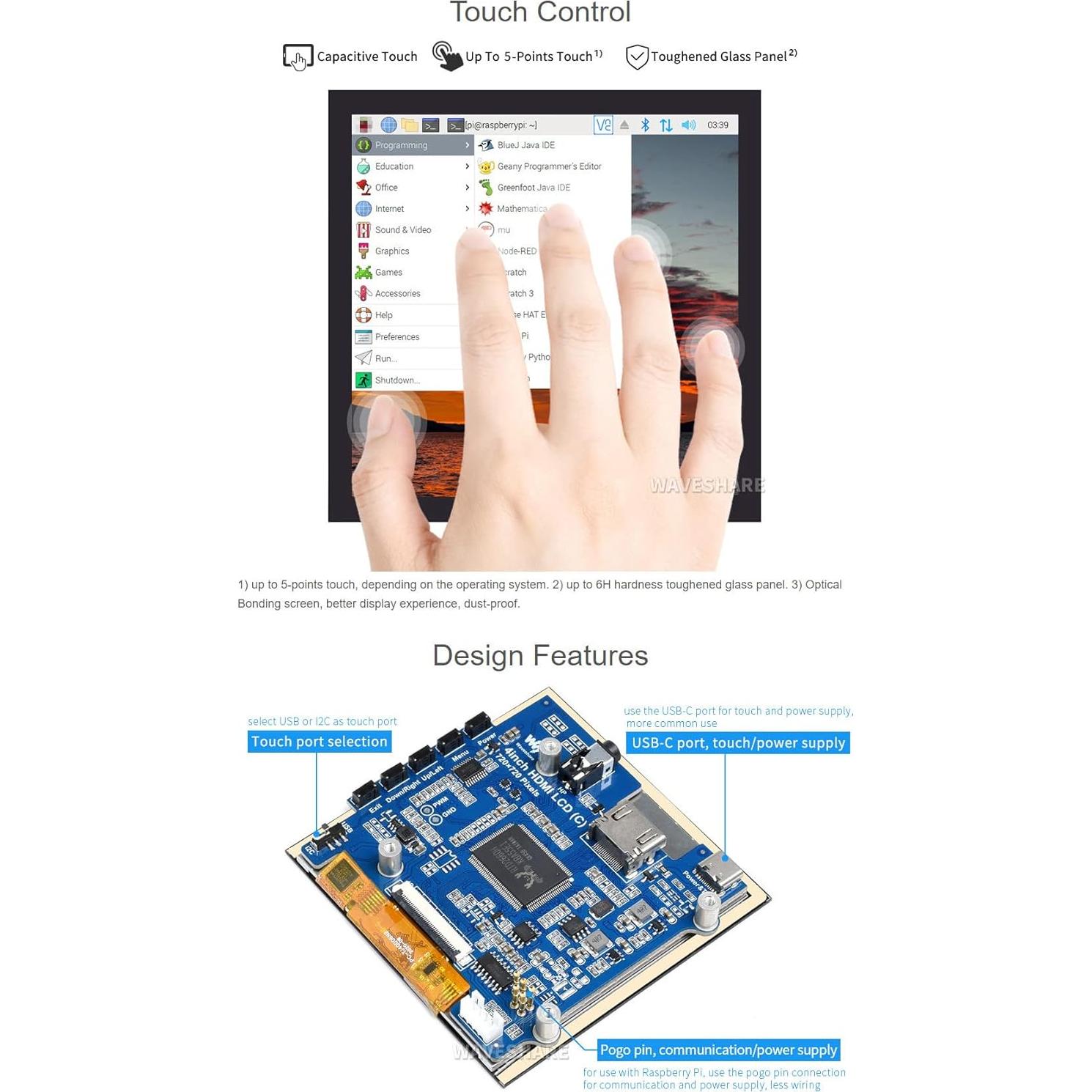 Pantalla LCD táctil IPS 4" Waveshare 720x720 HDMI