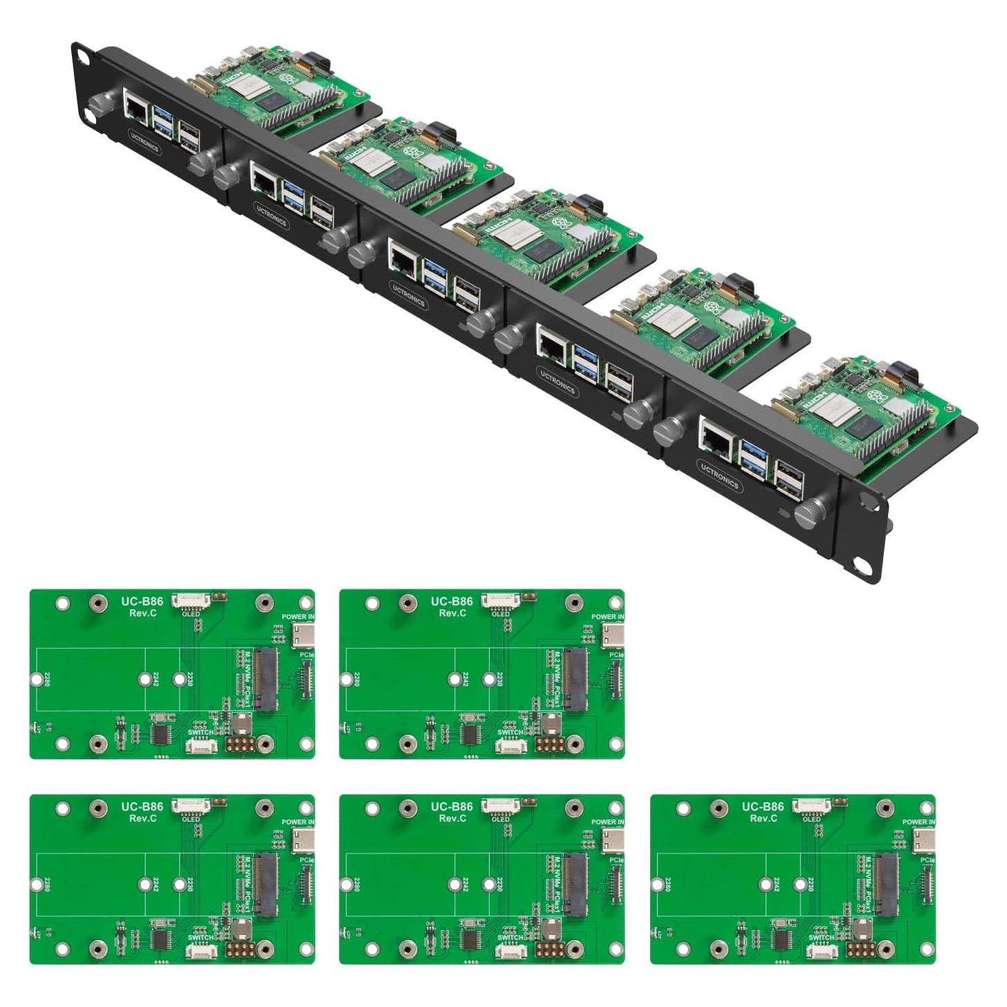 Montaje en Rack 1U UCTRONICS para Raspberry Pi 5 con 5 SSD M.2 NVMe
