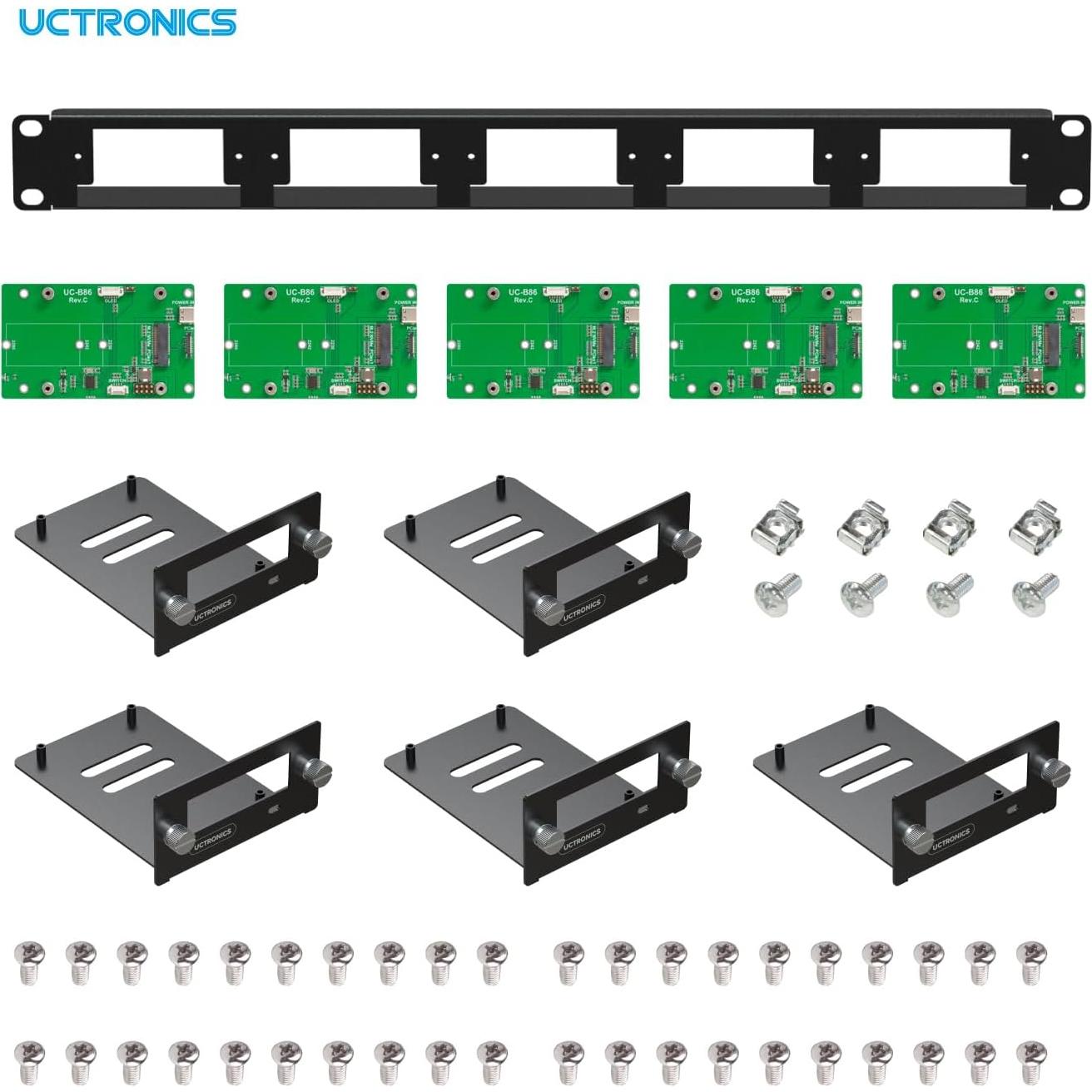 Montaje en Rack 1U UCTRONICS para Raspberry Pi 5 con 5 SSD M.2 NVMe
