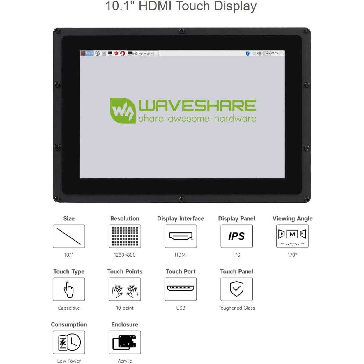Pantalla LCD táctil 10.1" Waveshare 1280x800 HDMI con estuche