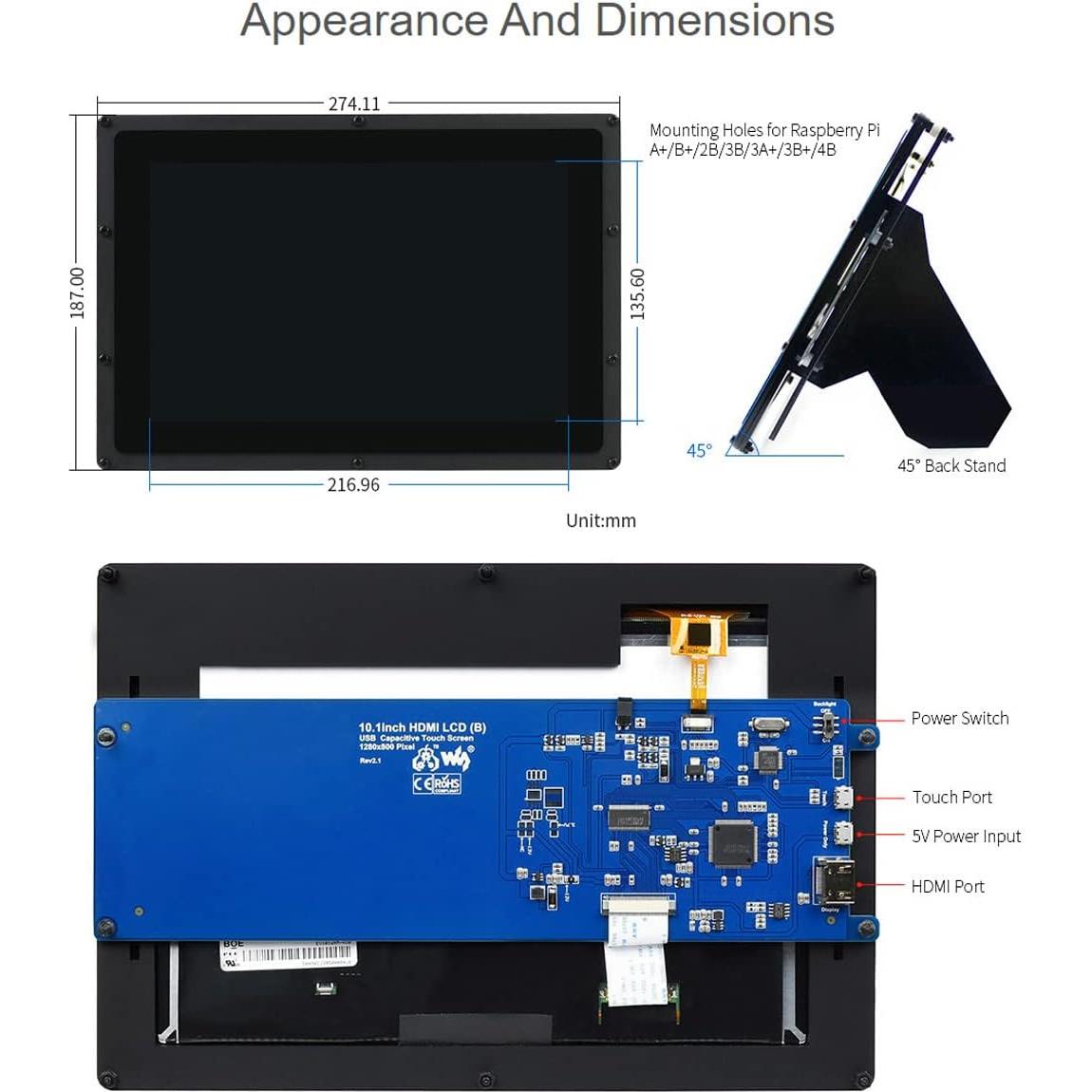 Pantalla LCD táctil 10.1" Waveshare 1280x800 HDMI con estuche