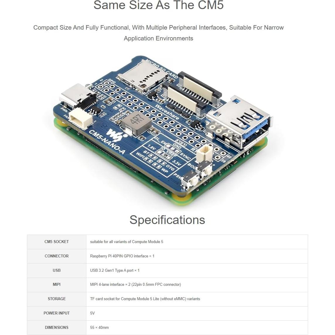 Placa Base Nano (A) Waveshare para Raspberry Pi 5 Lite eMMC