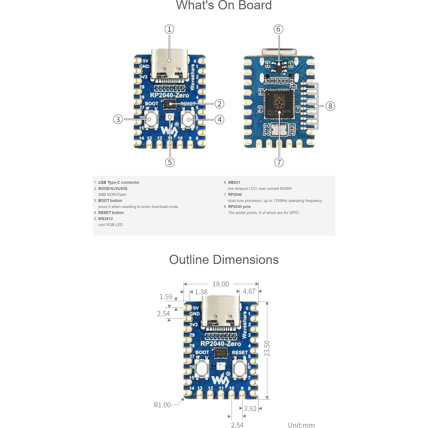 Placa Microcontrolador RP2040-Cero Coolwell USB-C 19.98g