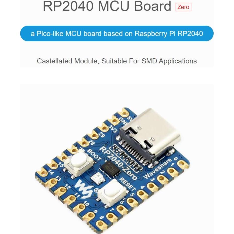 Placa mini MCU RP2040-Zero Waveshare USB-C 9g