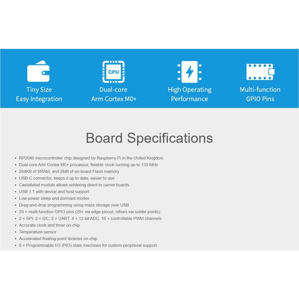 Placa mini MCU RP2040-Zero Waveshare USB-C 9g