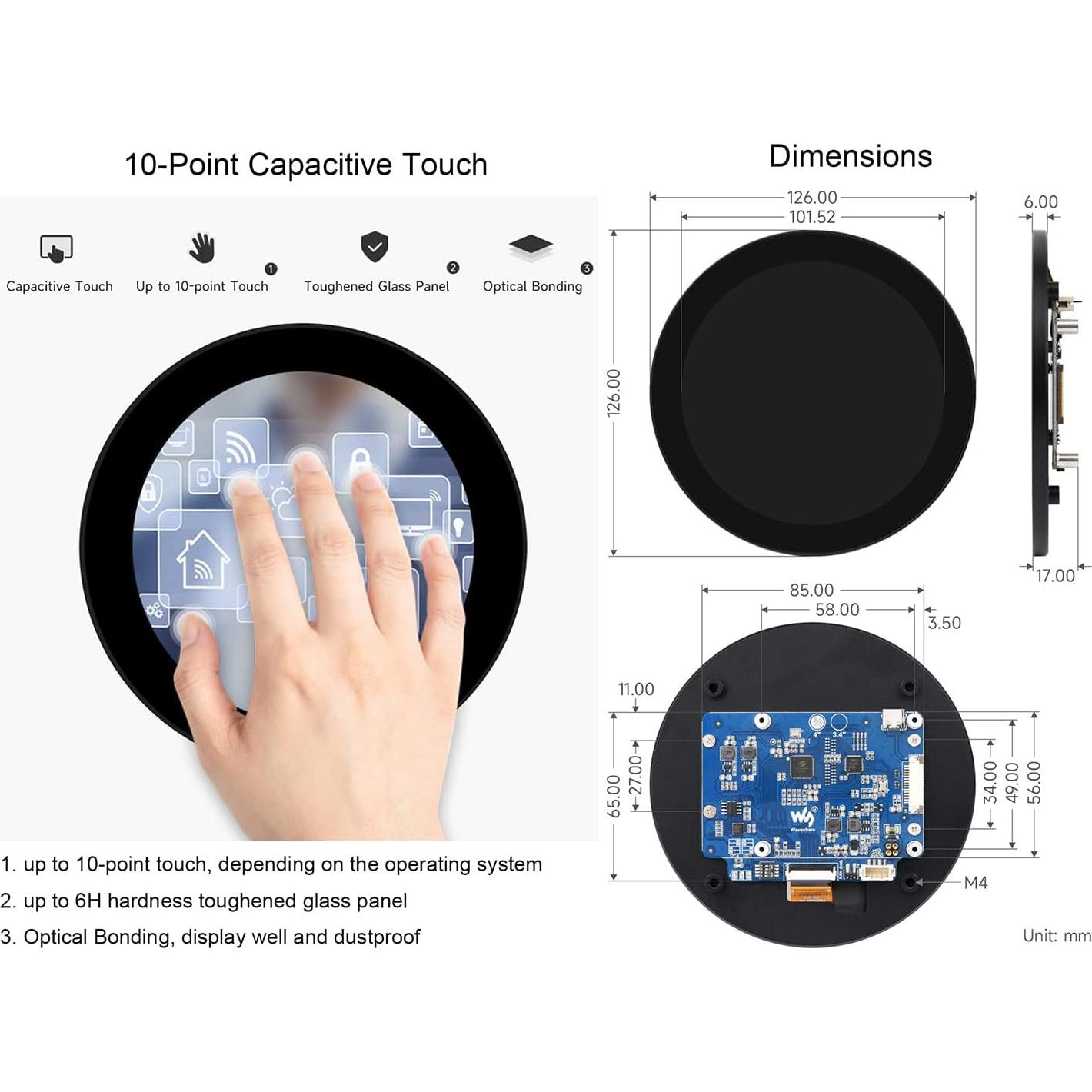 Pantalla Táctil Redonda DSI 10 Puntos 4" IPS UeeKKoo 720x720