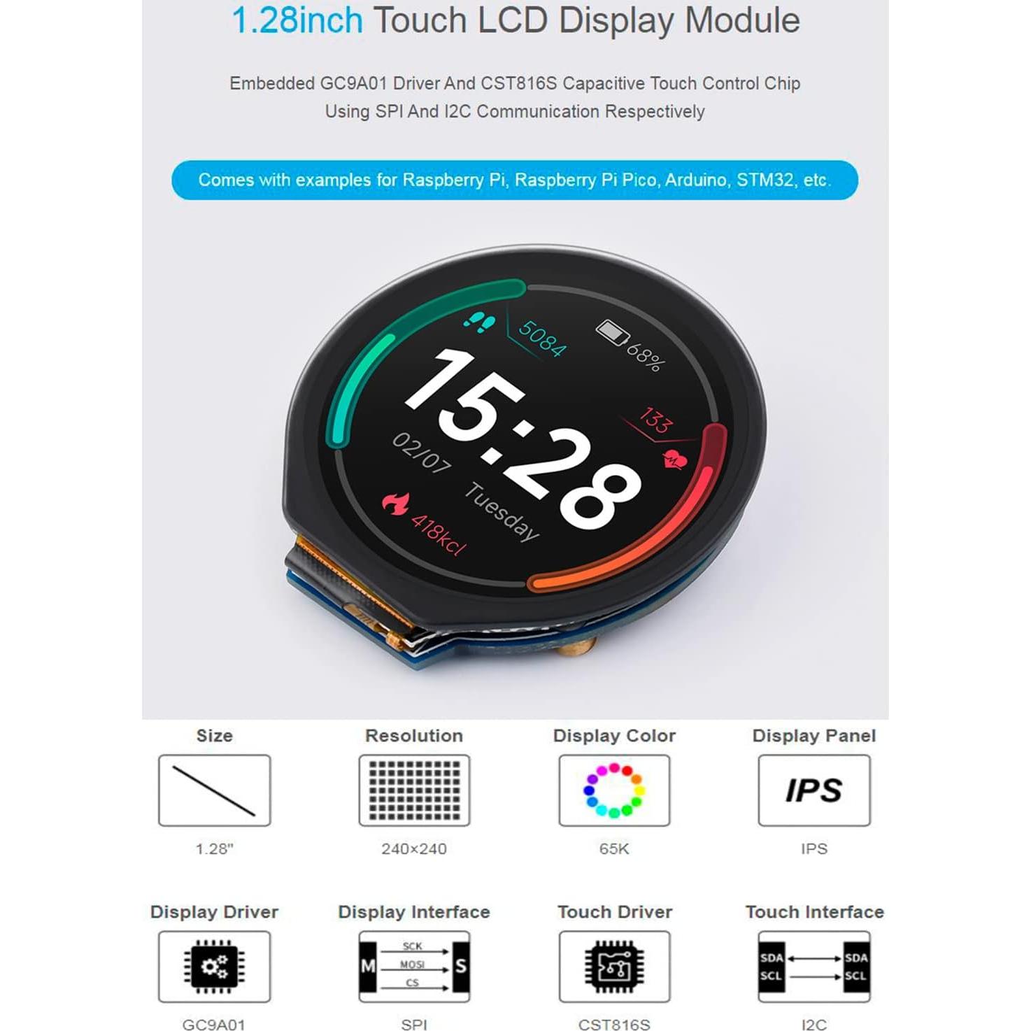 Módulo LCD Táctil 1.28" Waveshare 240x240 IPS Capacitivo