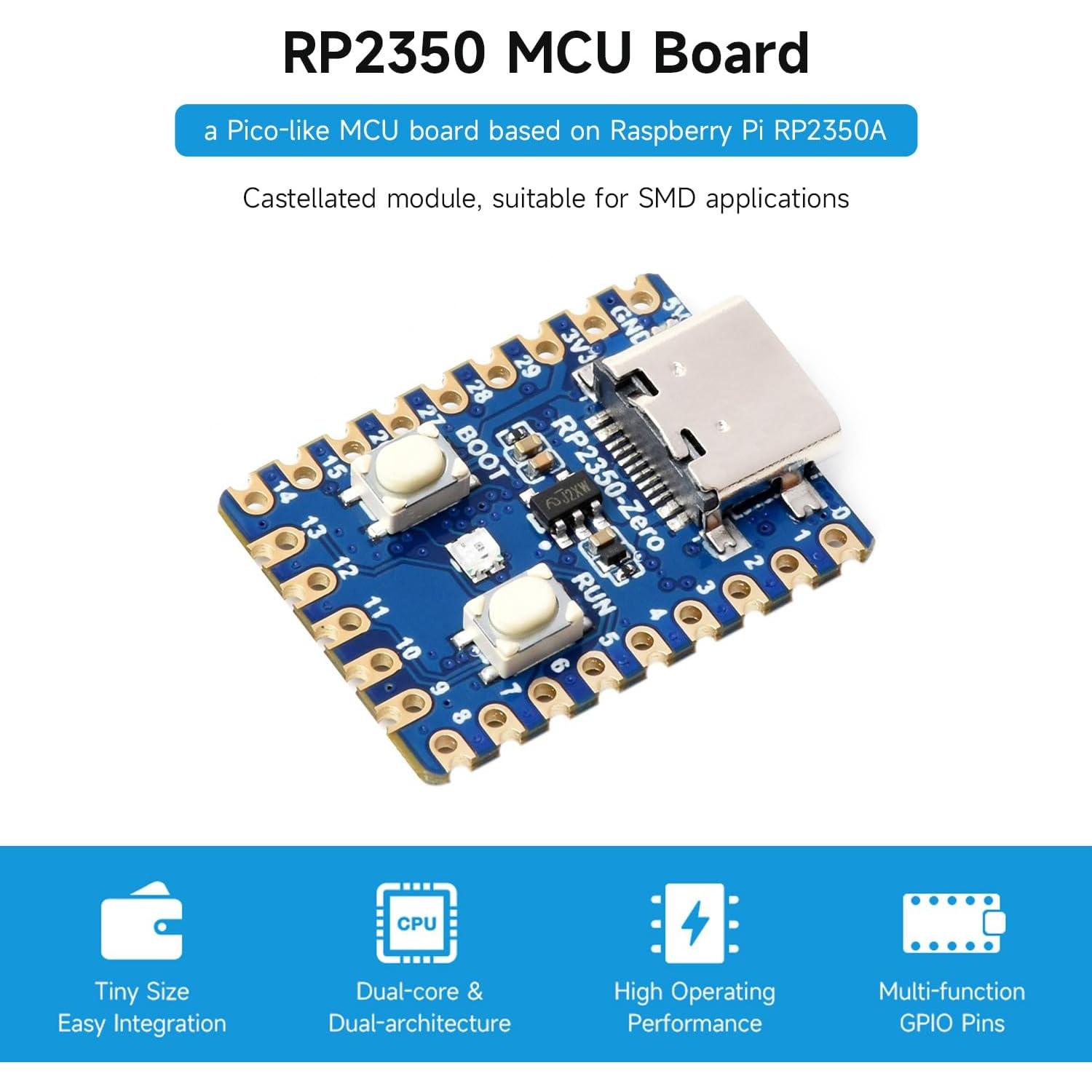Placa de Desarrollo Waveshare RP2350-Zero Mini, Doble Núcleo, 7x5x2.2 cm