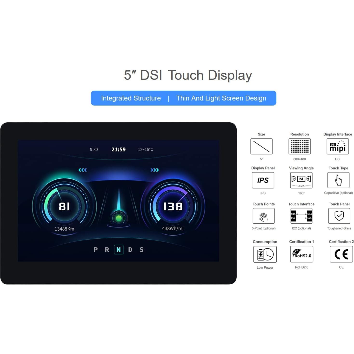 Pantalla Táctil DSI 5" Waveshare 800x480 IPS Capacitiva