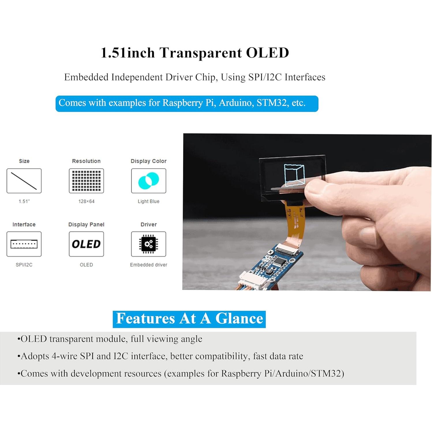 Pantalla OLED Transparente 1.51" UeeKKoo 128x64 SPI/I2C