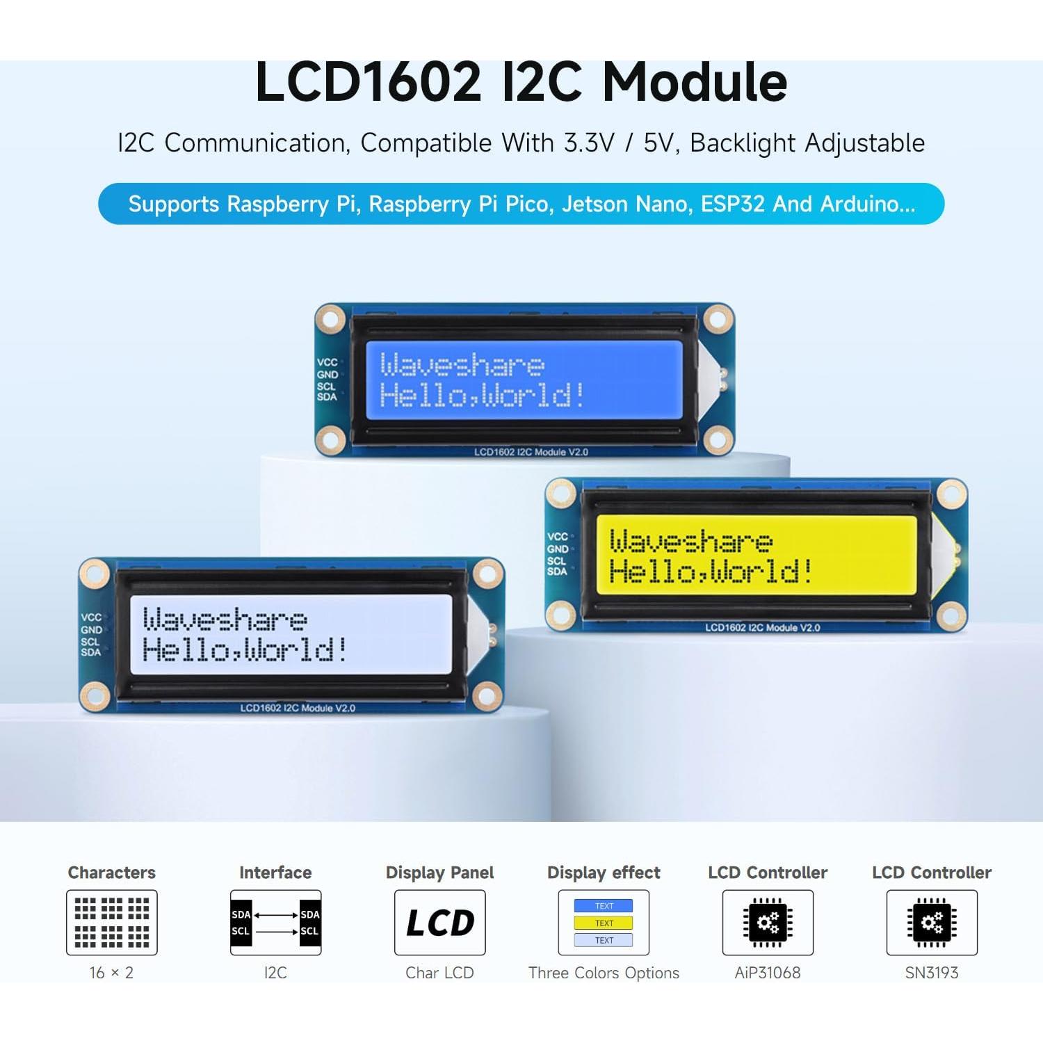 Módulo LCD1602 I2C Waveshare Azul 32 Caracteres 3.3V/5V