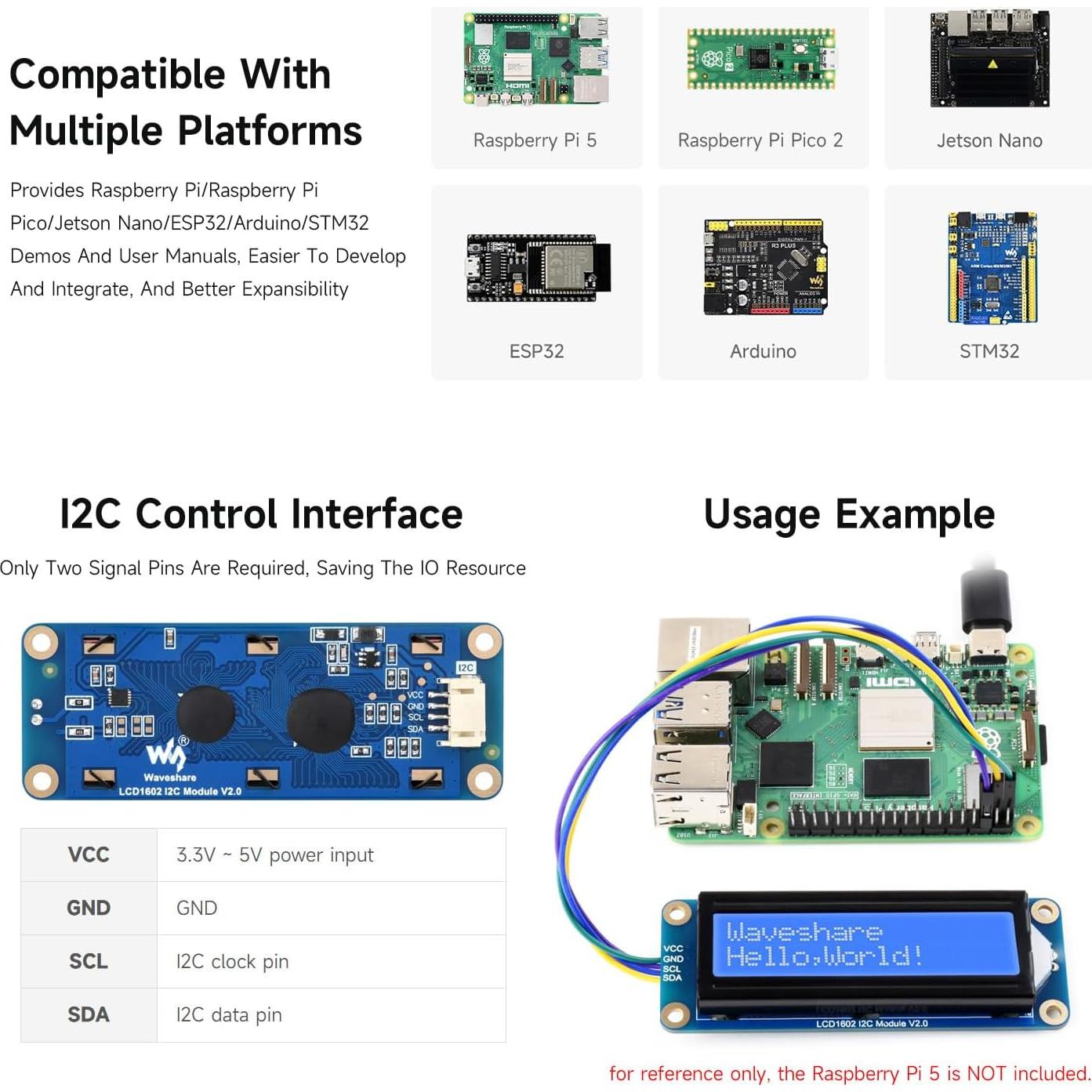 Módulo LCD1602 I2C Waveshare Azul 32 Caracteres 3.3V/5V