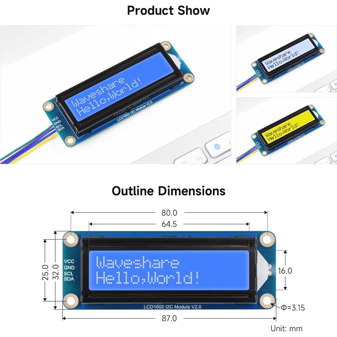 Módulo LCD1602 I2C Waveshare Azul 32 Caracteres 3.3V/5V