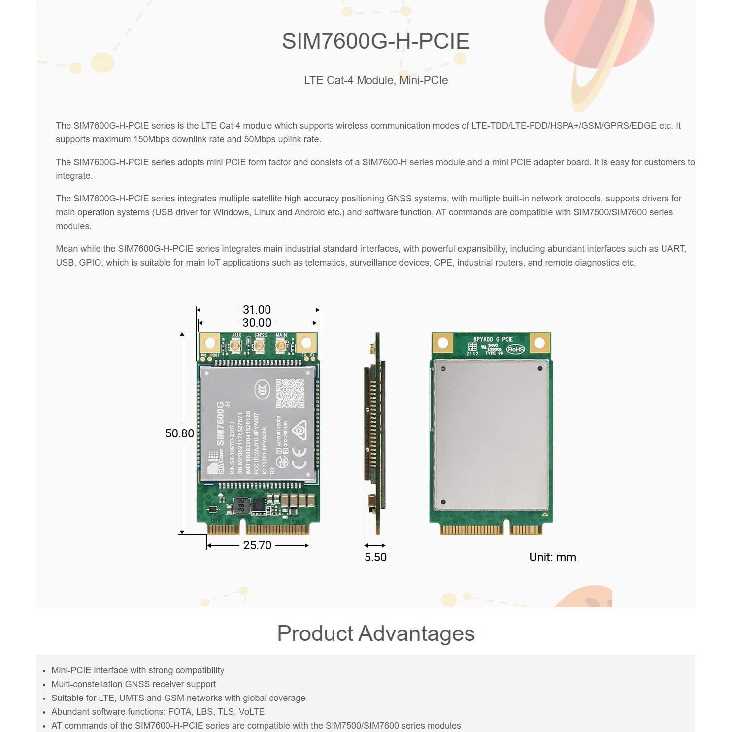 Módulo 4G LTE Cat-4 Waveshare SIM7600G-H-PCIE GNSS