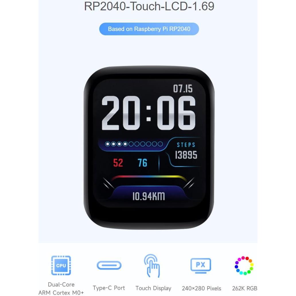 Placa de desarrollo Waveshare RP2040 con LCD táctil 1.69"