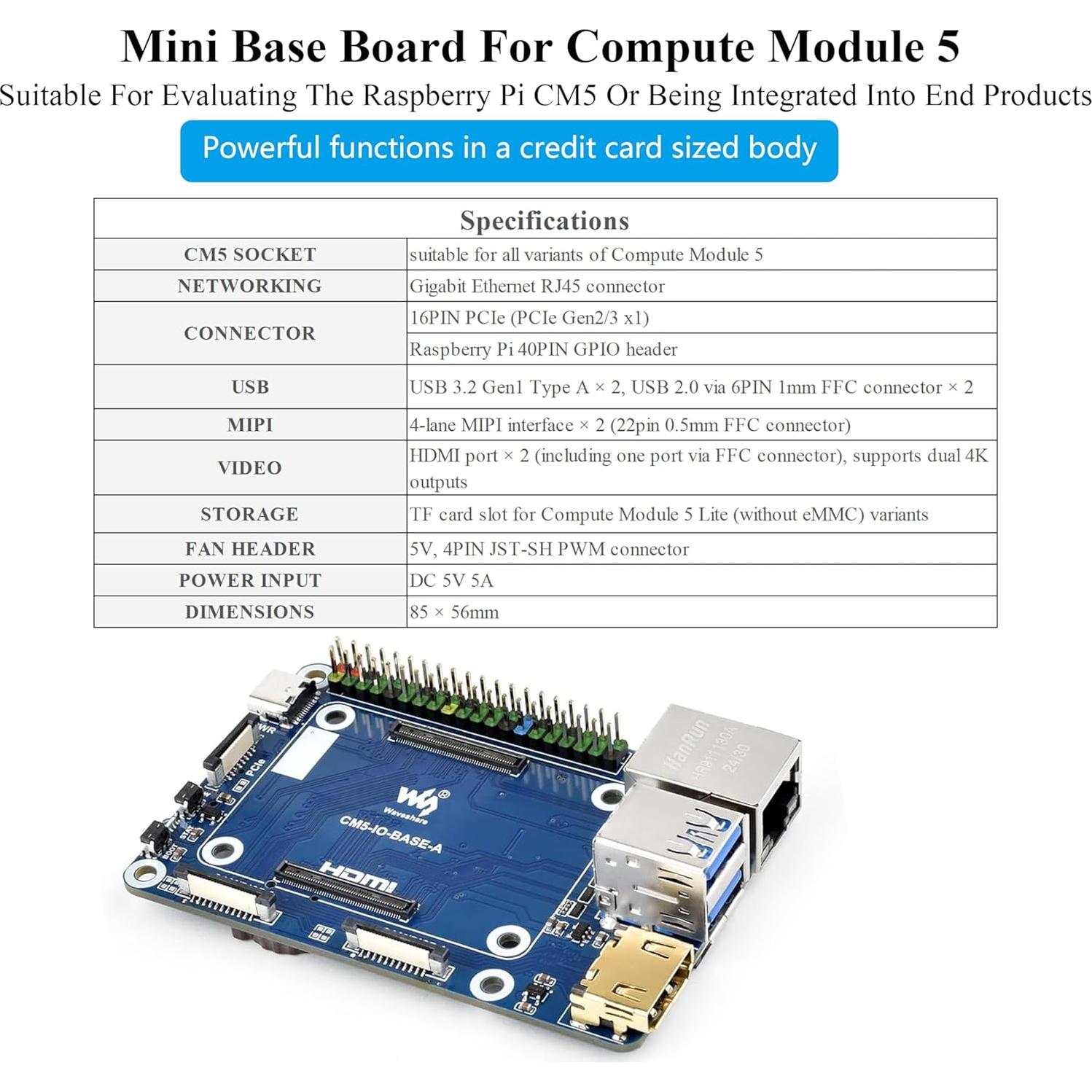 Mini Base Board UeeKKoo para Raspberry Pi CM5 con GPIO 40PIN