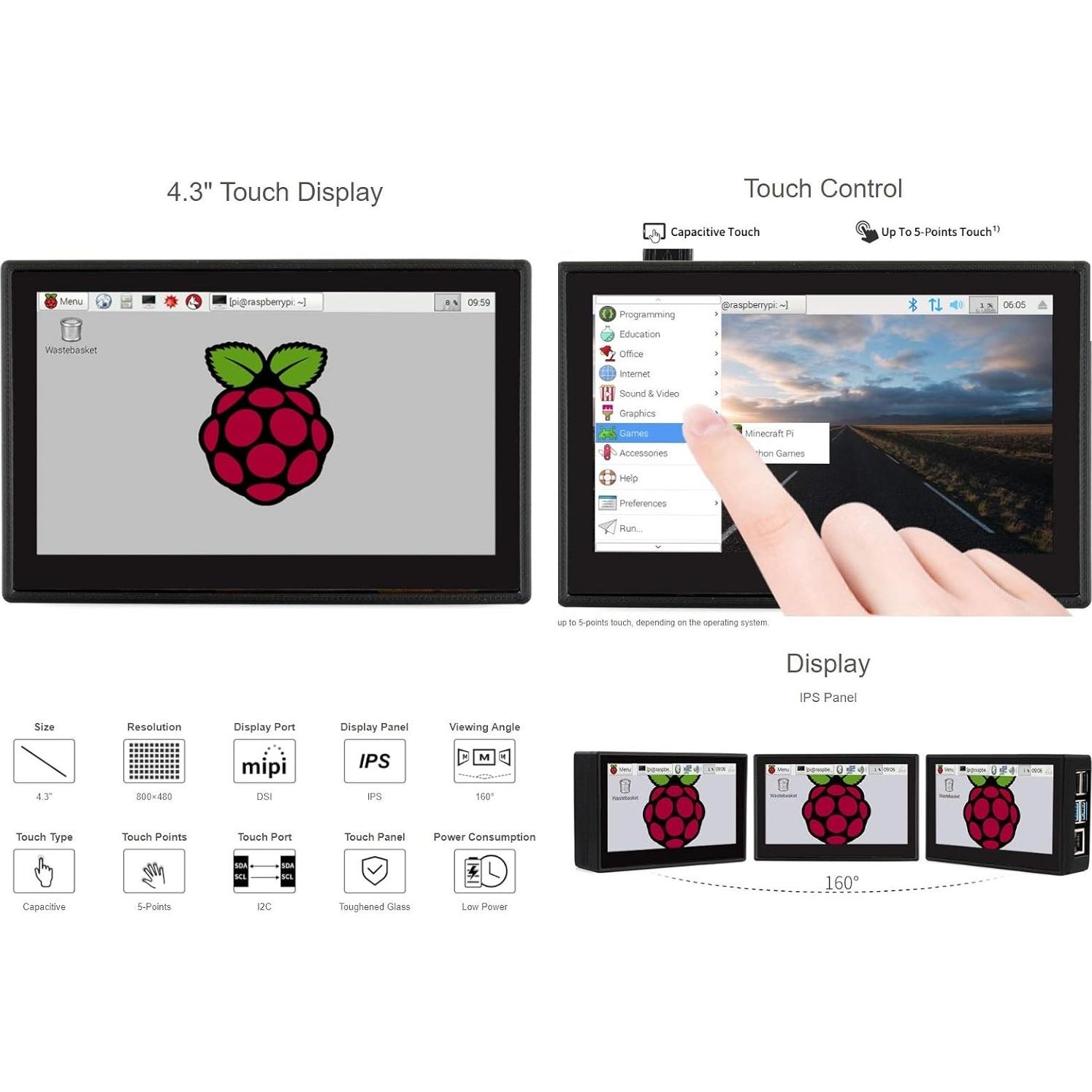 Pantalla táctil capacitiva 4.3" Waveshare para Raspberry Pi 4B