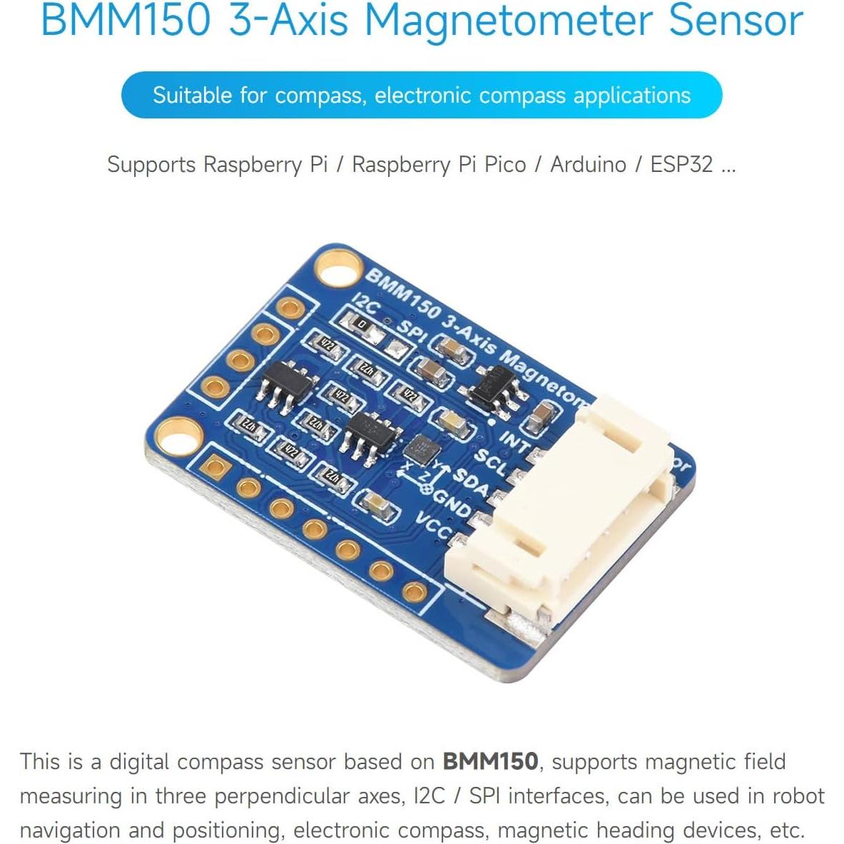 BMM150 3-Axis Magnetometer Sensor, Compatible with Raspberry Pi 5/4B/3B/Zero/Zero W/Zero 2W/Pico/Pico W/Pico WH, Digital Compass Sensor, Magnetic Field Measurement