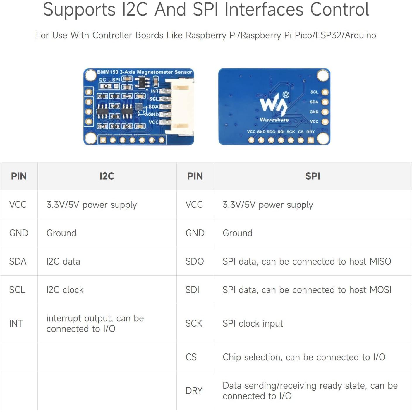 BMM150 3-Axis Magnetometer Sensor, Compatible with Raspberry Pi 5/4B/3B/Zero/Zero W/Zero 2W/Pico/Pico W/Pico WH, Digital Compass Sensor, Magnetic Field Measurement