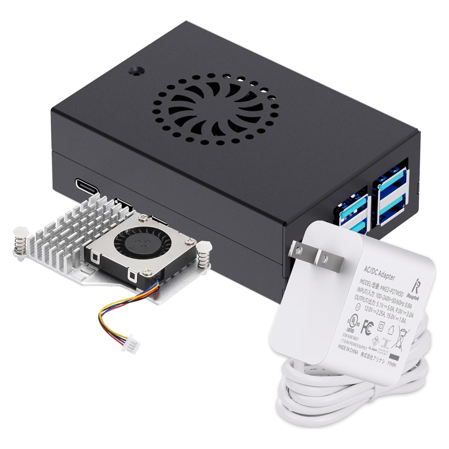 Kit Accesorios iRasptek para Raspberry Pi 5 - Caja Metal, Enfriador y Fuente 27W
