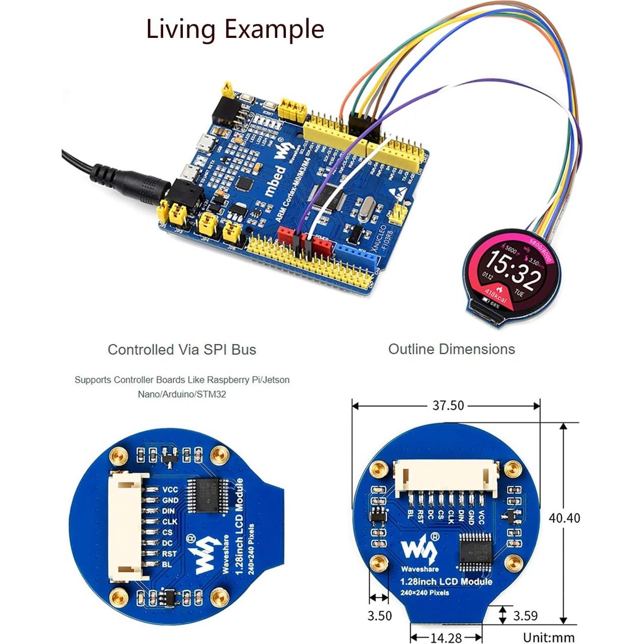 1.28inch Round LCD IPS Display Module for Raspberry Pi 4B/3B+/3B/2B/Zero/Zero W/WH/Zero 2W/2WH, Jetson Nano, STM32, 240×240 Resolution 65K RGB Colors GC9A01 Driver SPI Interface