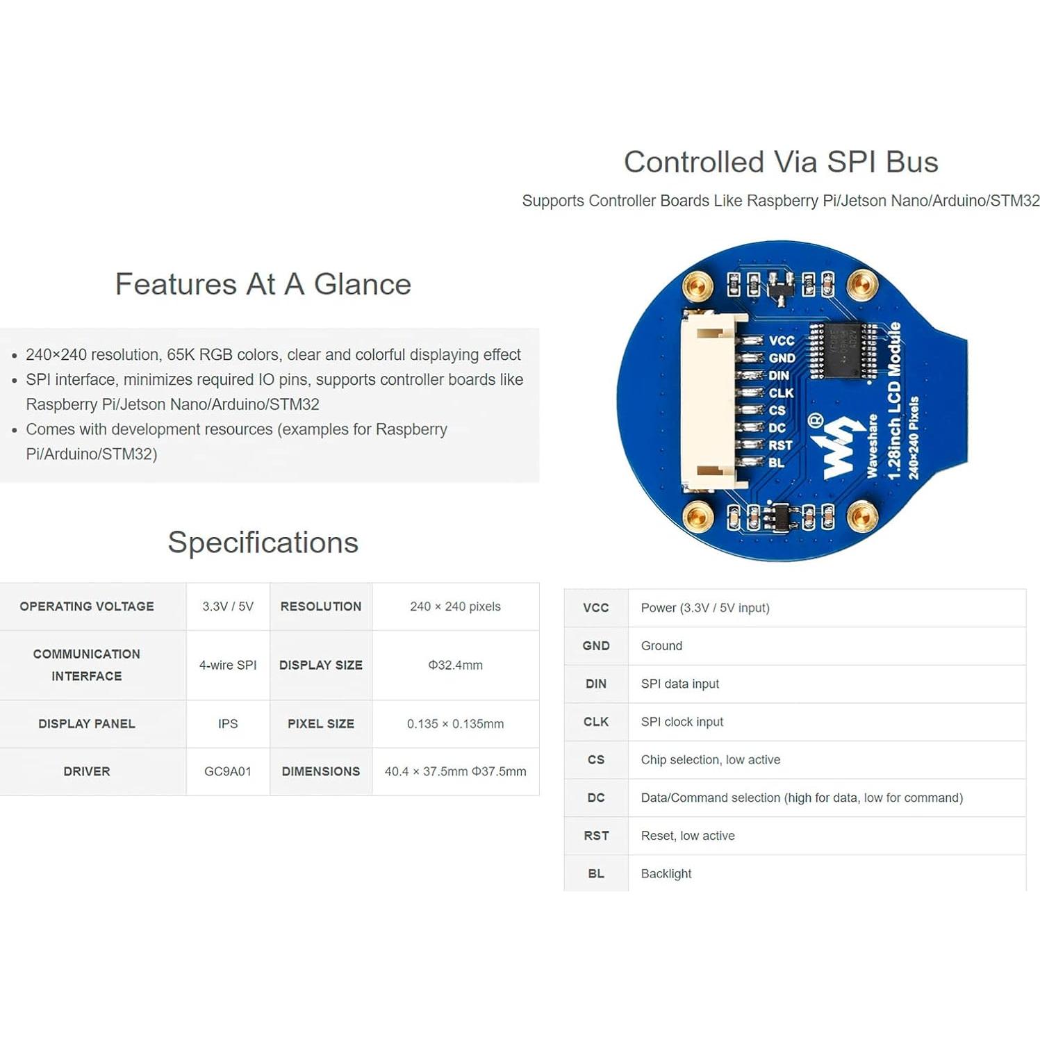 1.28inch Round LCD IPS Display Module for Raspberry Pi 4B/3B+/3B/2B/Zero/Zero W/WH/Zero 2W/2WH, Jetson Nano, STM32, 240×240 Resolution 65K RGB Colors GC9A01 Driver SPI Interface