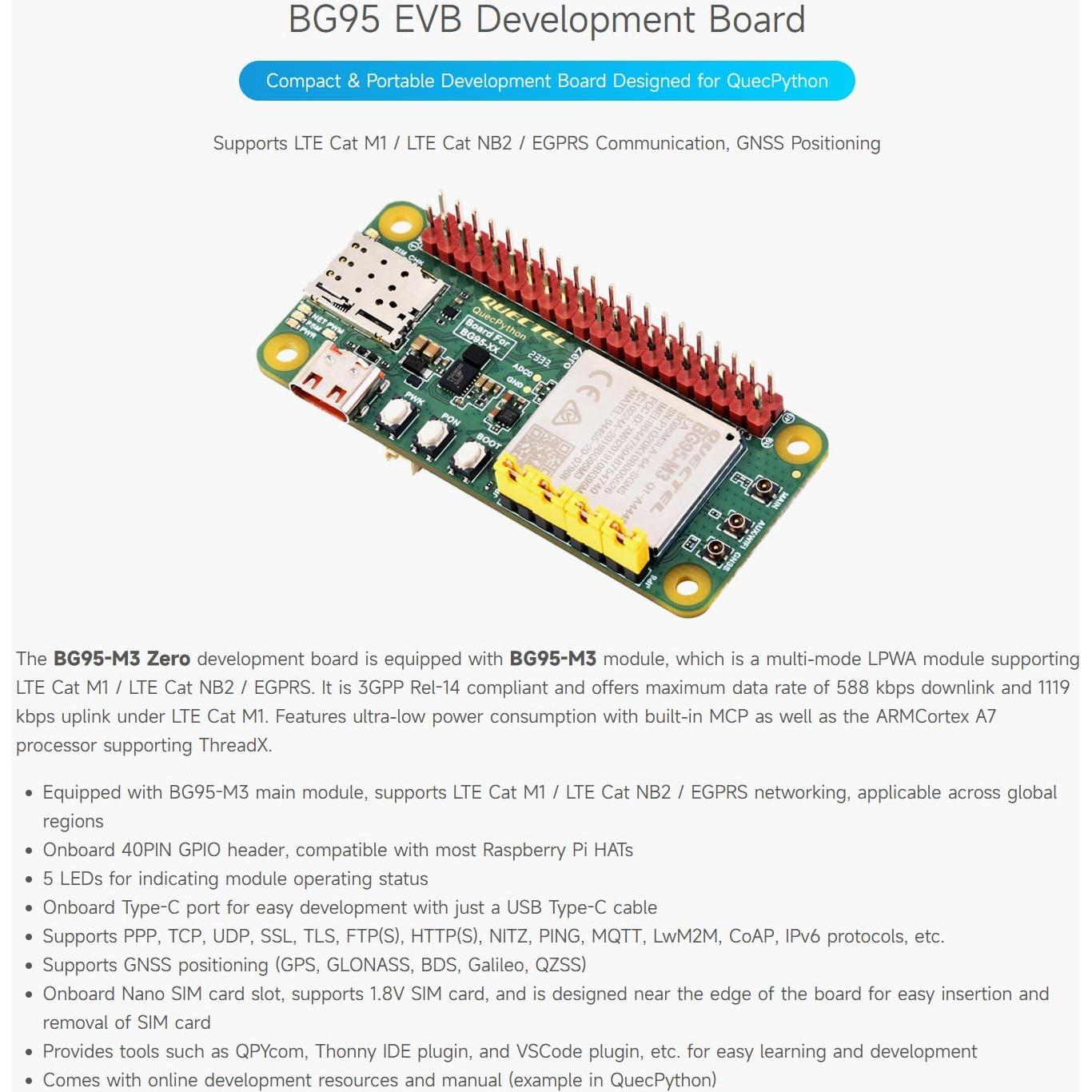 Placa de Desarrollo Waveshare BG95-M3 para QuecPython LTE GNSS