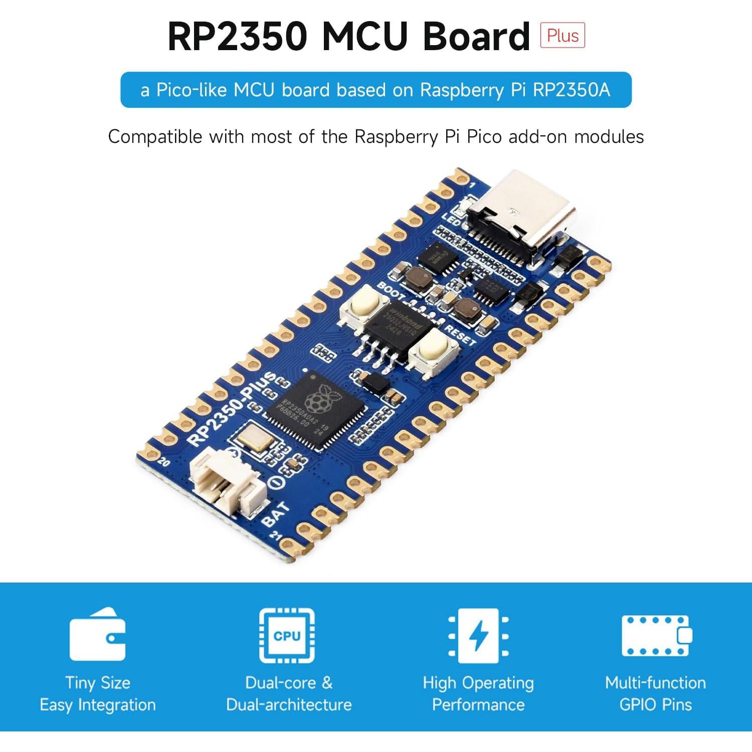 Placa de Desarrollo Waveshare RP2350-Plus Doble Núcleo 7.11x5.1cm