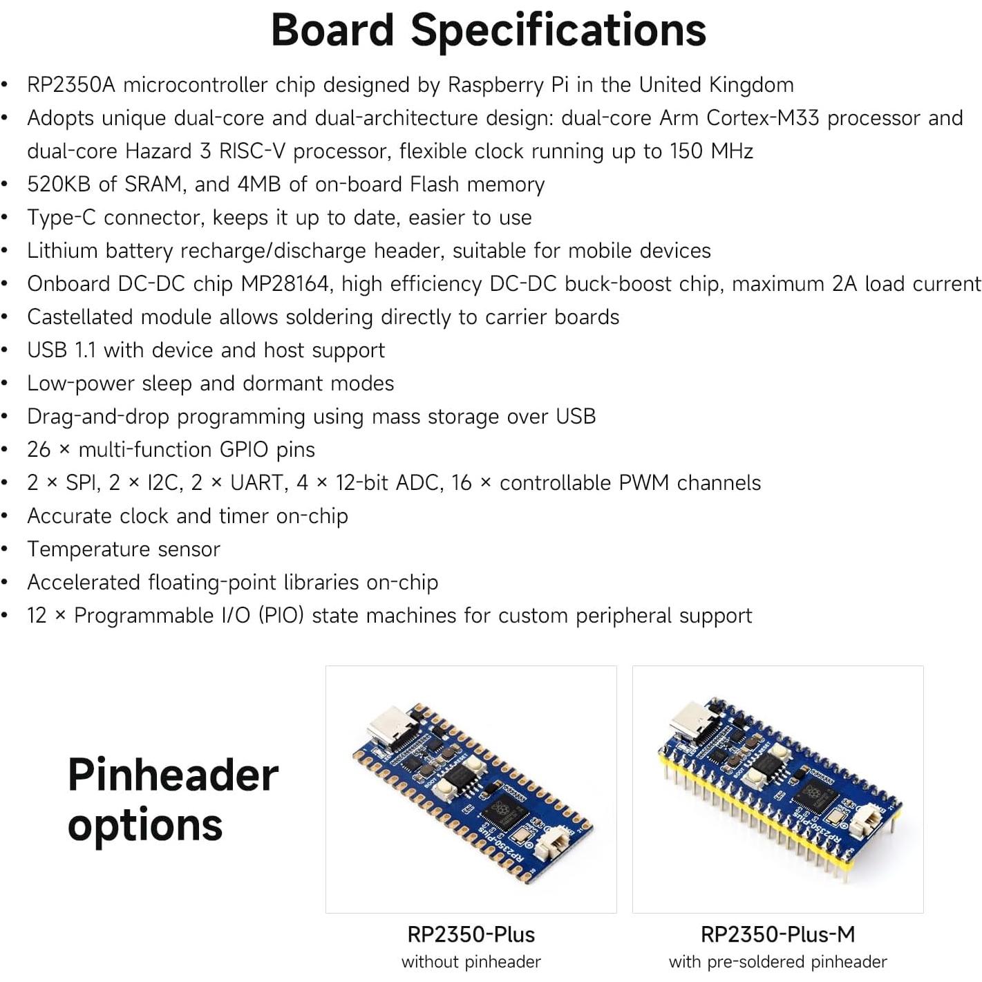 Placa de Desarrollo Waveshare RP2350-Plus Doble Núcleo 7.11x5.1cm