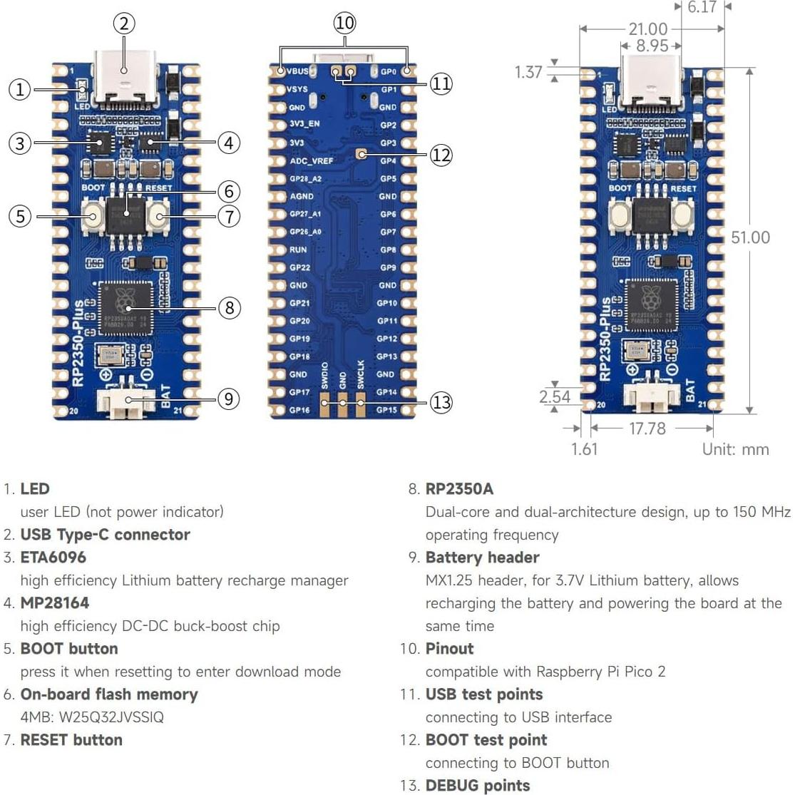 Placa de Desarrollo Waveshare RP2350-Plus Doble Núcleo 7.11x5.1cm