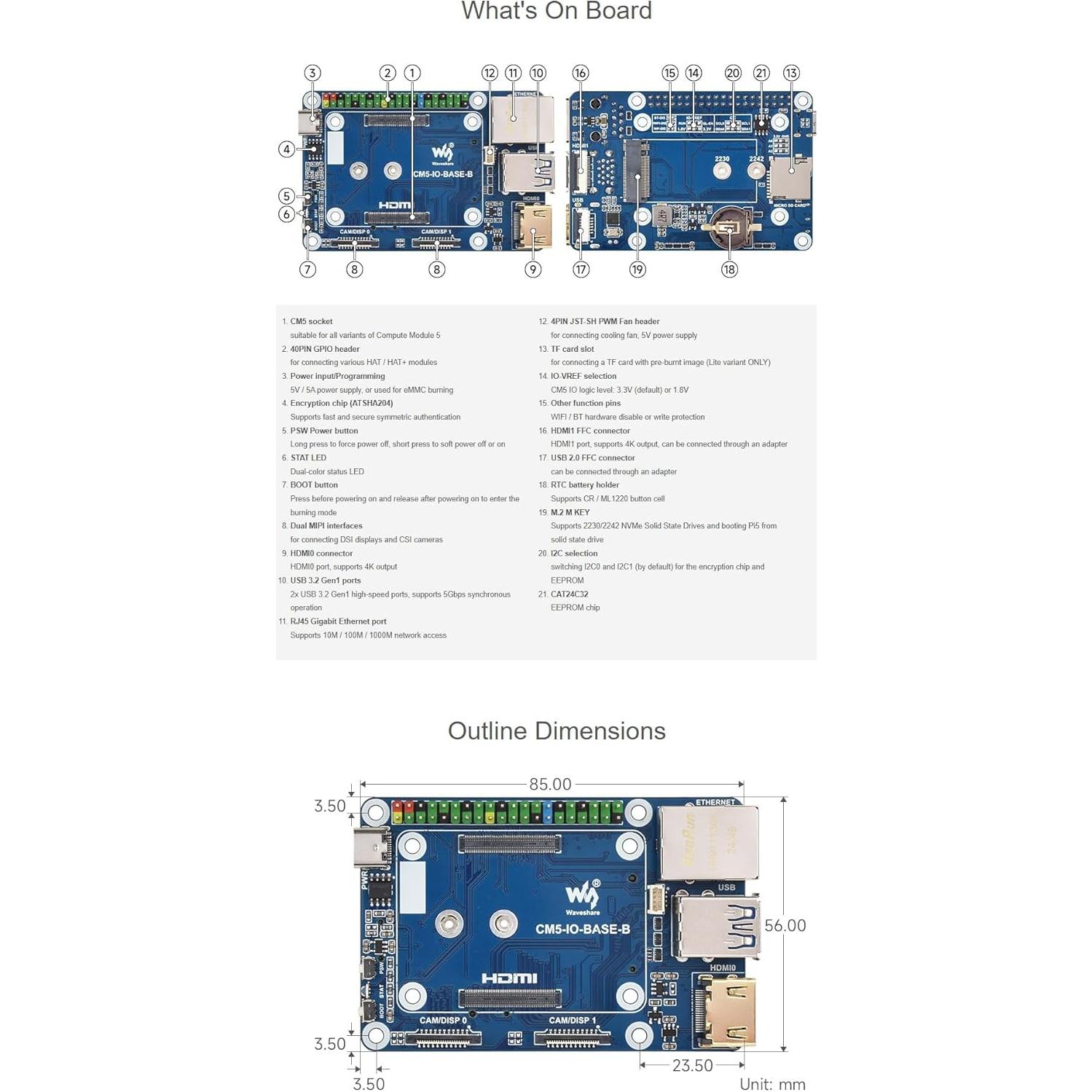 Placa Base Compacta iiunius para Raspberry Pi 5 CM5 con EEPROM