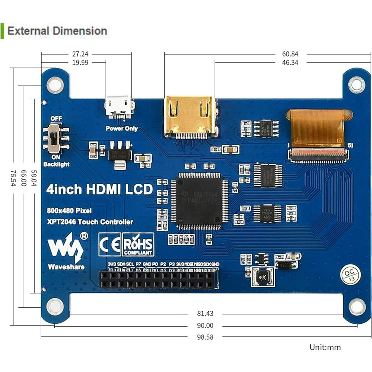 Pantalla LCD HDMI 4" Waveshare IPS Táctil 480x800 Raspberry Pi